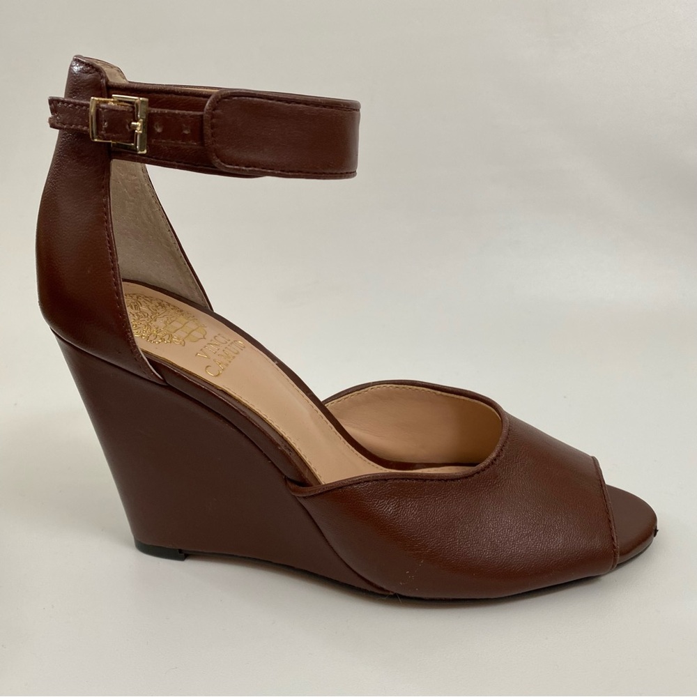 Vince Camuto Peep Toe Wedge Ankle Strap Size 7 Brown Heeled Sandals Women’s - Picture 3 of 14